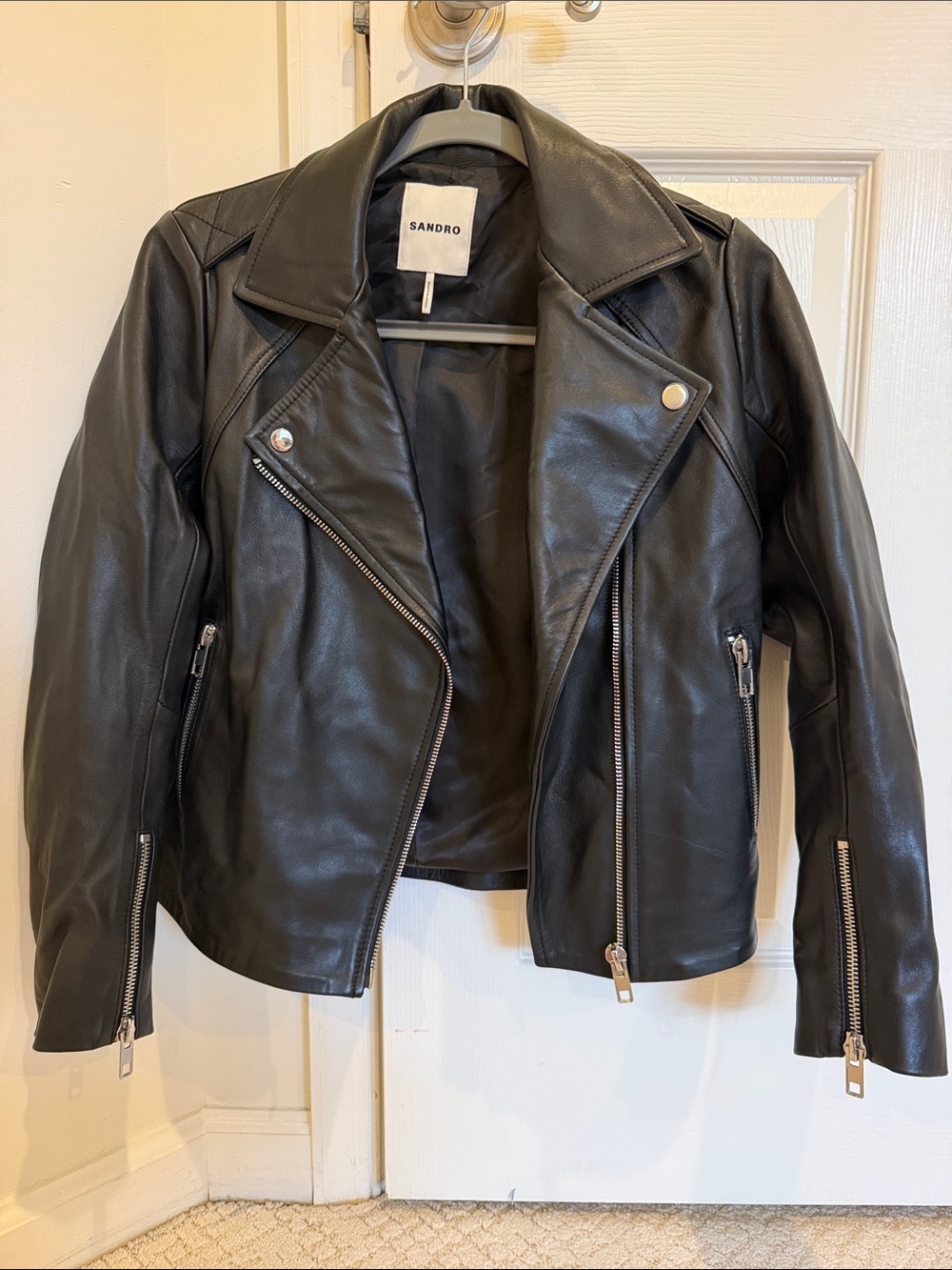 Sandro Classic Lambskin Leather Biker Jacket